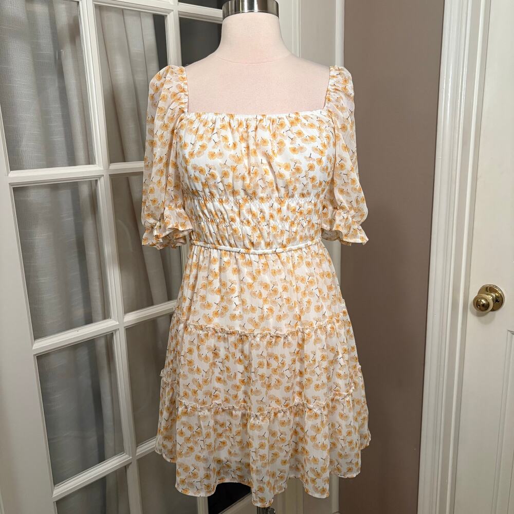 Altar’d State‎ Women’s Small Floral Tiered Puff Sleeve Dress Yellow White Boho
